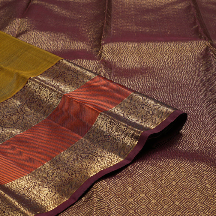 Hayagrivas Honey Mustard Handloom Kanjivaram Silk Saree with Wine Maroon Border KBD1549A10-1