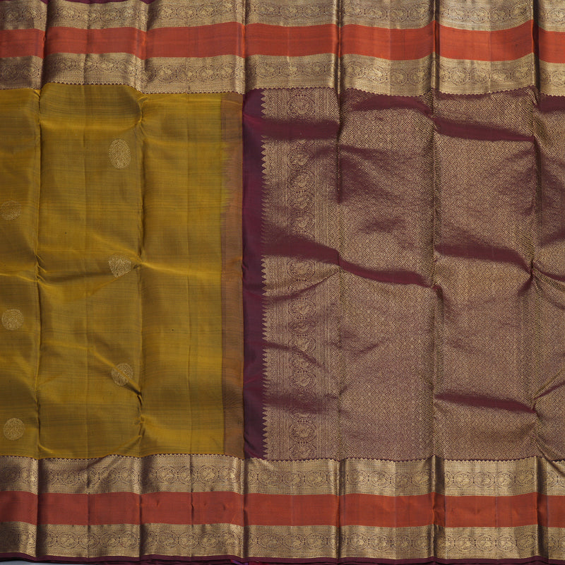 Hayagrivas Honey Mustard Handloom Kanjivaram Silk Saree with Wine Maroon Border KBD1549A10-1