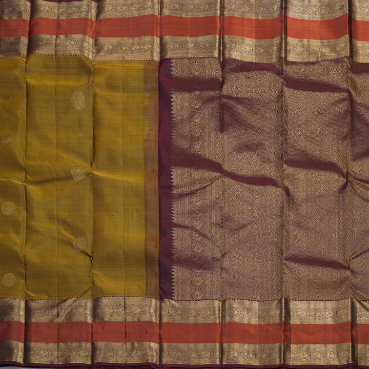 Hayagrivas Honey Mustard Handloom Kanjivaram Silk Saree with Wine Maroon Border KBD1549A10-1