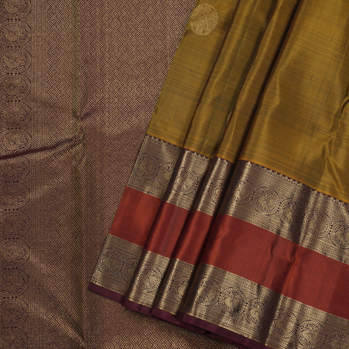 Hayagrivas Honey Mustard Handloom Kanjivaram Silk Saree with Wine Maroon Border KBD1549A10-1