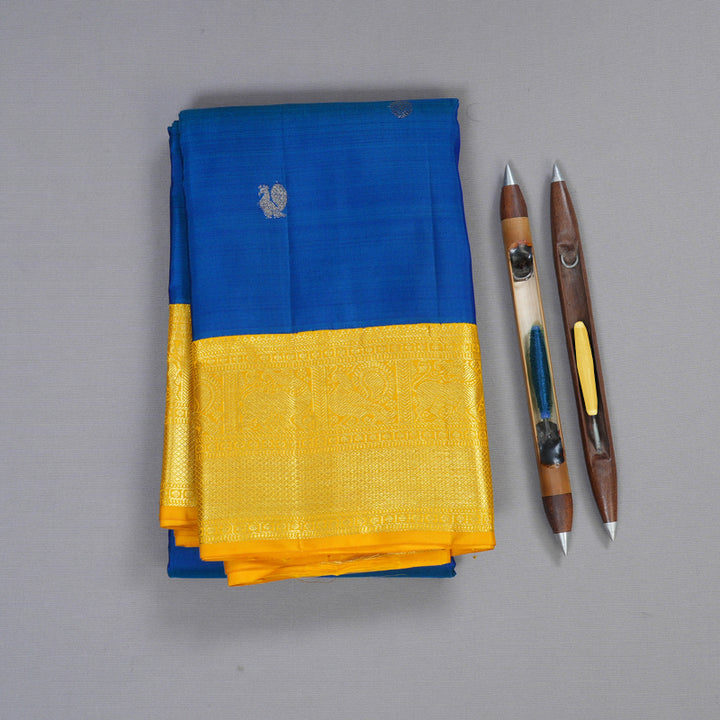 Hayagrivas Blue Handloom Kanjivaram Silk Saree with Yellow Border KBD1549A11-1