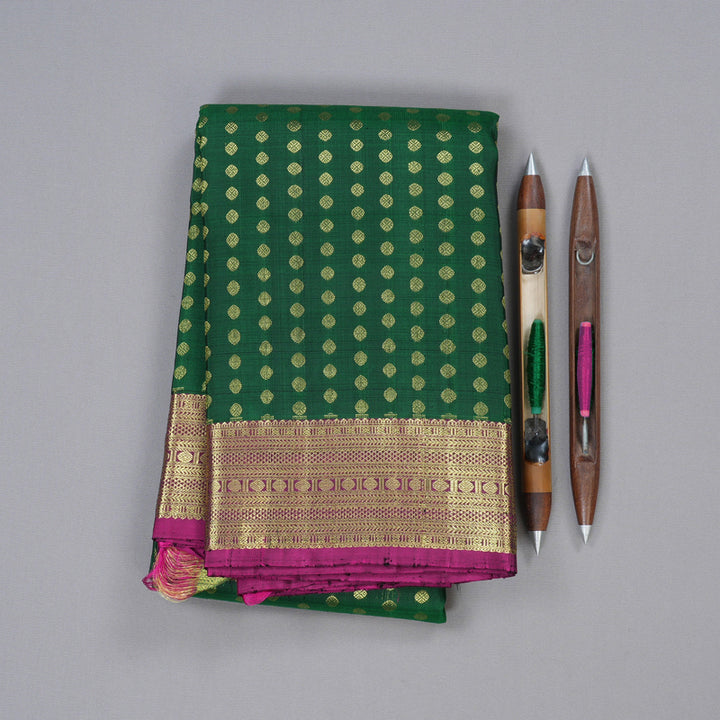 Hayagrivas Bottle Green Handloom Kanjivaram Silk Saree with Purple Border KBD1551A10-3