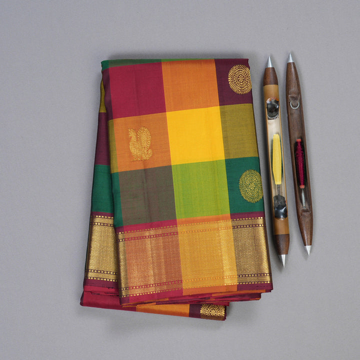 Hayagrivas Multi Color Checks Handloom Kanjivaram Silk Saree with Maroon Border KBD1552A3-2