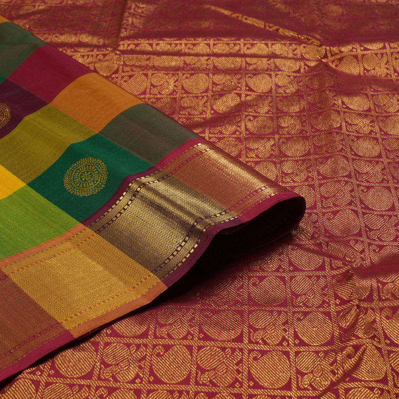 Hayagrivas Multi Color Checks Handloom Kanjivaram Silk Saree with Maroon Border KBD1552A3-2