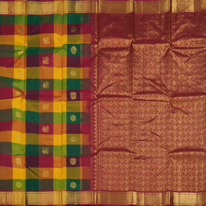 Hayagrivas Multi Color Checks Handloom Kanjivaram Silk Saree with Maroon Border KBD1552A3-2