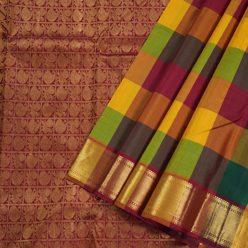 Hayagrivas Multi Color Checks Handloom Kanjivaram Silk Saree with Maroon Border KBD1552A3-2