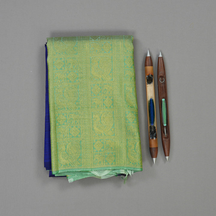 Hayagrivas Handloom Peacock Blue Kanjivaram Silk Saree with Pista Green Border KBD1554A10-2