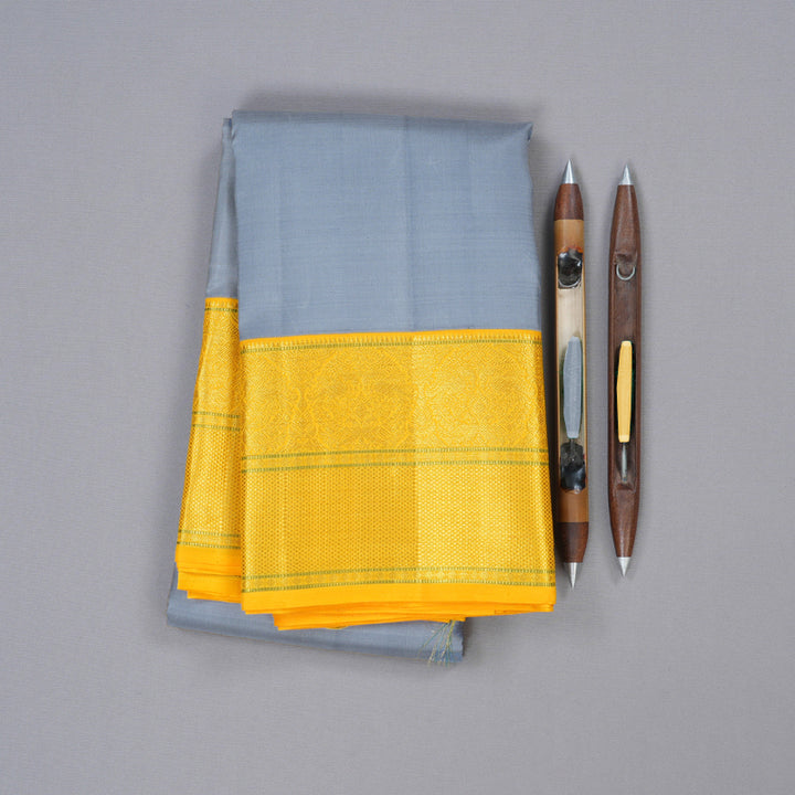 Hayagrivas Silver Grey Handloom Kanjivaram Silk Saree with Yellow Border KBD1554A7-1