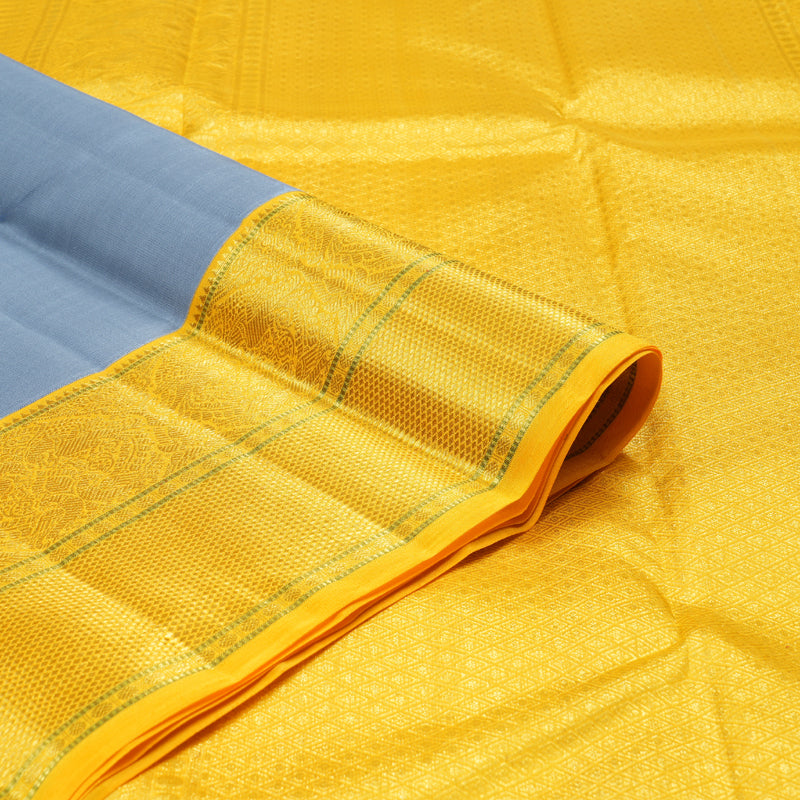 Hayagrivas Silver Grey Handloom Kanjivaram Silk Saree with Yellow Border KBD1554A7-1