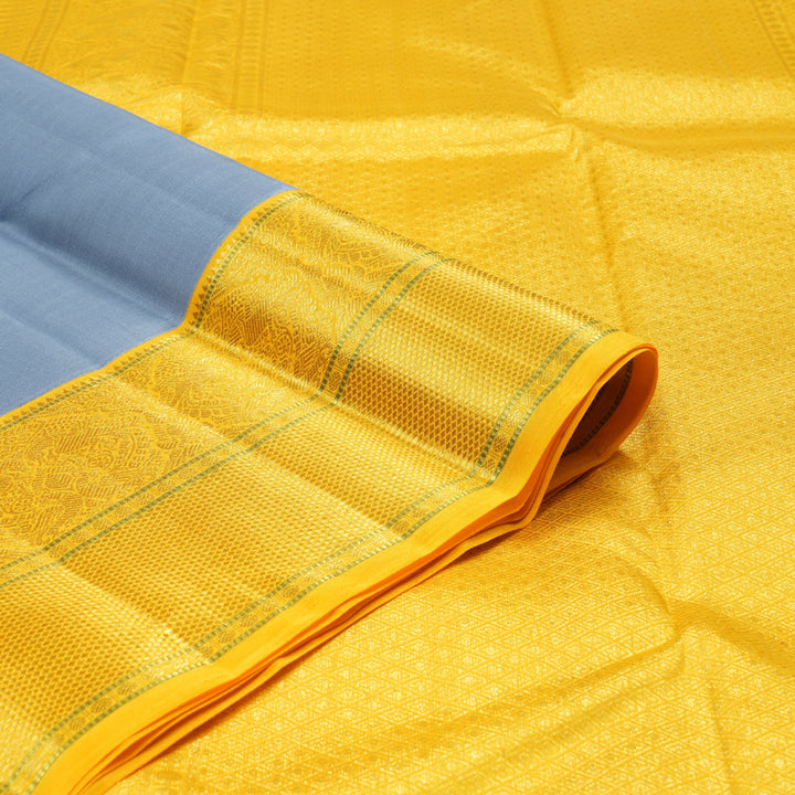 Hayagrivas Silver Grey Handloom Kanjivaram Silk Saree with Yellow Border KBD1554A7-1