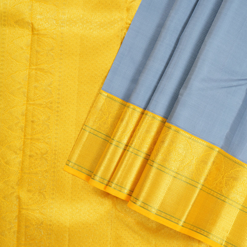 Hayagrivas Silver Grey Handloom Kanjivaram Silk Saree with Yellow Border KBD1554A7-1