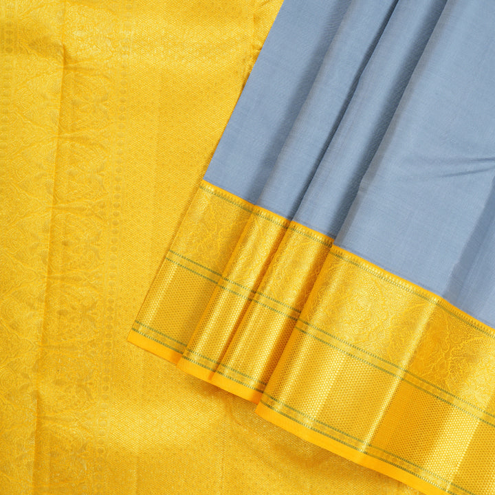 Hayagrivas Silver Grey Handloom Kanjivaram Silk Saree with Yellow Border KBD1554A7-1