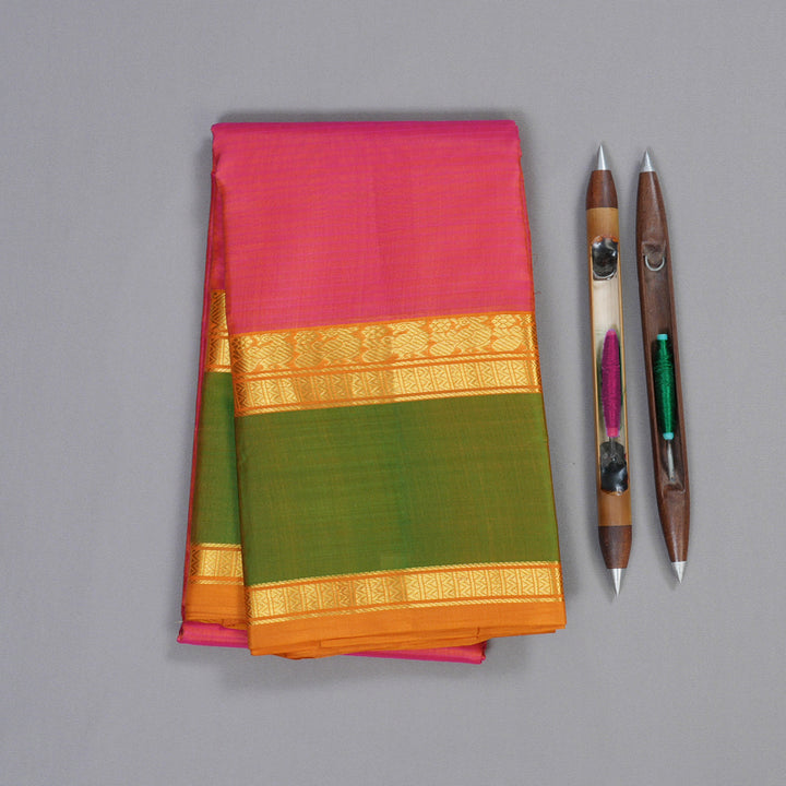 Hayagrivas Orangish Pink Handloom Kanjivaram Silk Saree with Green Border KBD1557A2-9