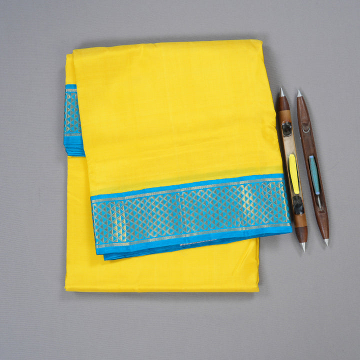 Hayagrivas Bright Yellow Handloom Kanjivaram Ten Yards Silk Saree with Sky Blue Border KBD1559A1-3