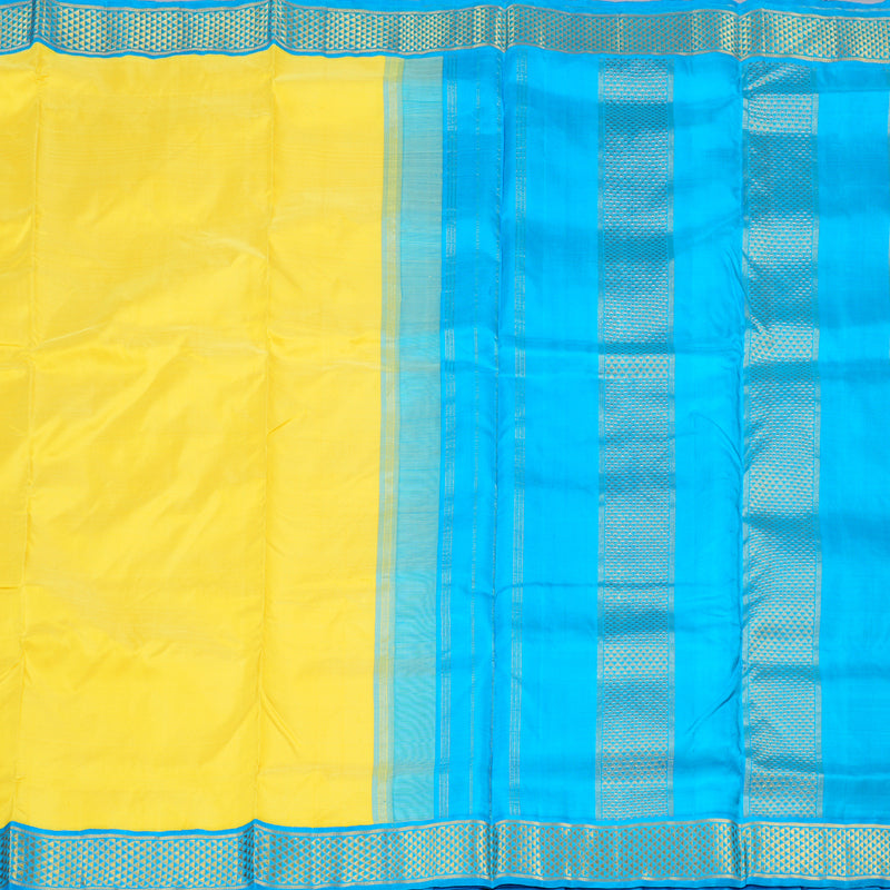 Hayagrivas Bright Yellow Handloom Kanjivaram Ten Yards Silk Saree with Sky Blue Border KBD1559A1-3