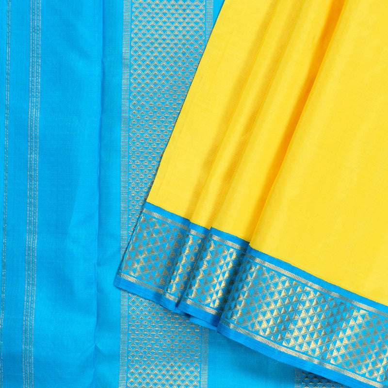 Hayagrivas Bright Yellow Handloom Kanjivaram Ten Yards Silk Saree with Sky Blue Border KBD1559A1-3