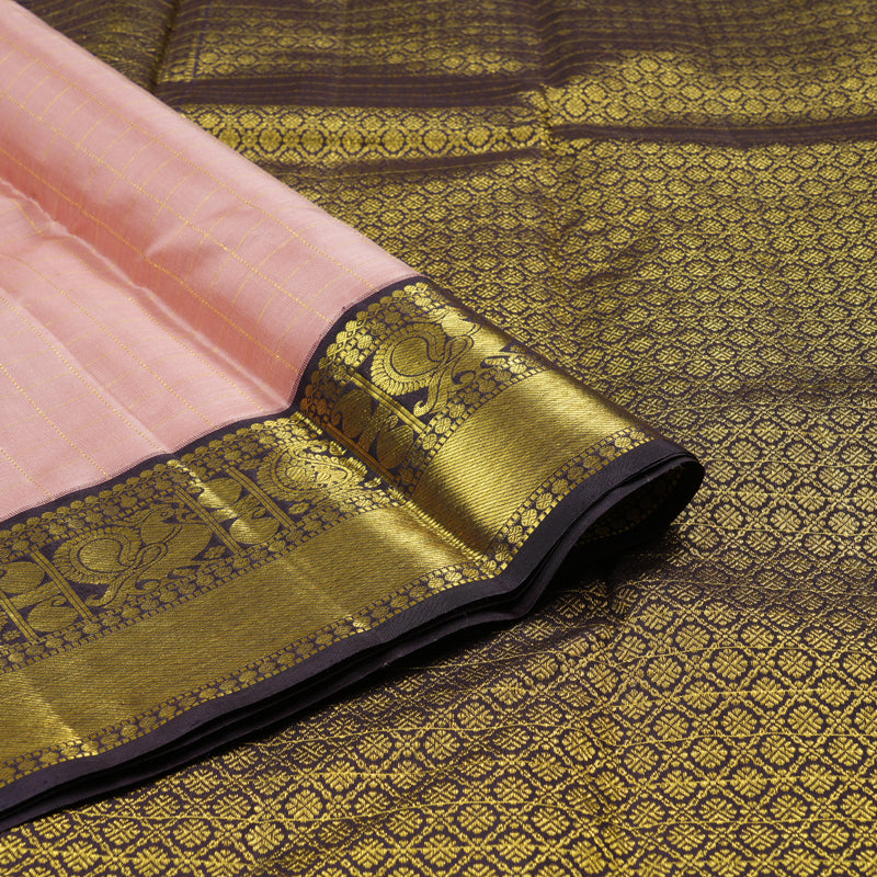 Hayagrivas Peach Pink Handloom Kanjivaram Silk Saree with Dark Brown Border-KBD1561A1-1