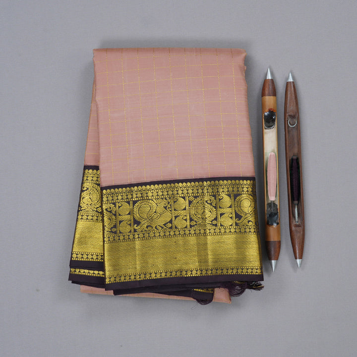 Hayagrivas Peach Pink Handloom Kanjivaram Silk Saree with Dark Brown Border-KBD1561A1-1
