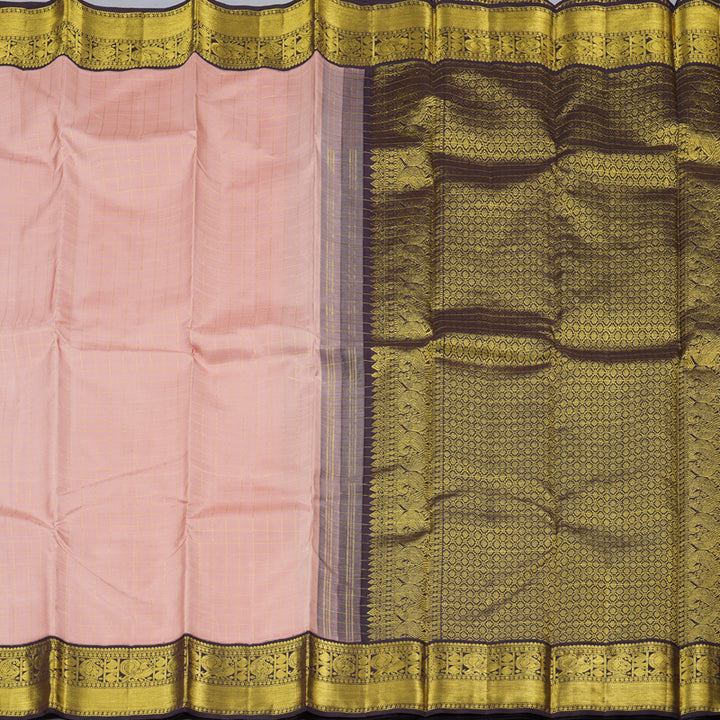 Hayagrivas Peach Pink Handloom Kanjivaram Silk Saree with Dark Brown Border-KBD1561A1-1