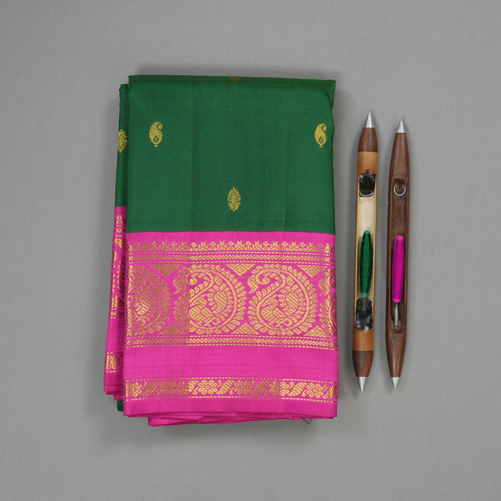 Hayagrivas Handloom Bottle Green Kanjivaram Silk Saree with Rani Pink Border KBD1561A2-2