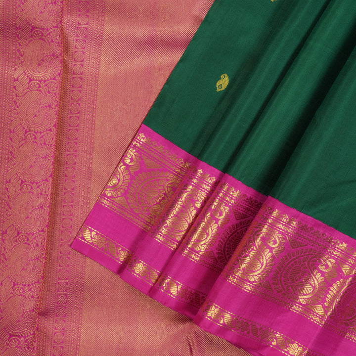 Hayagrivas Handloom Bottle Green Kanjivaram Silk Saree with Rani Pink Border KBD1561A2-2