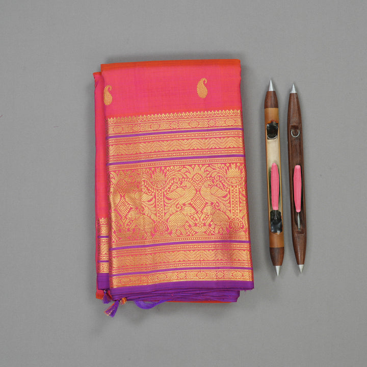 Hayagrivas Handloom Orangish Pink Kanjivaram Silk Saree KBD1562A1-1