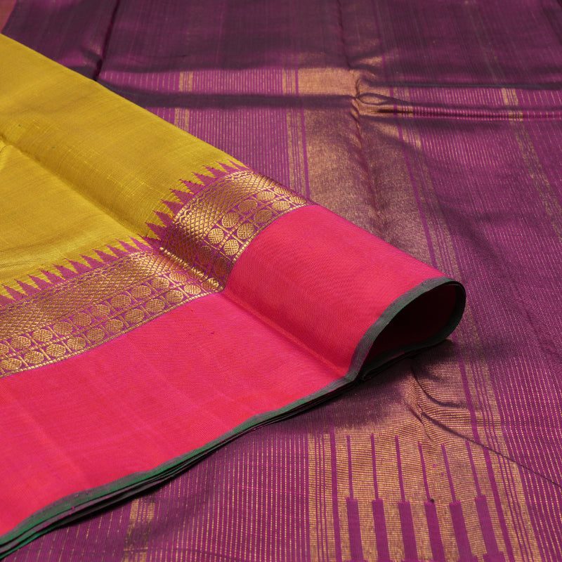Hayagrivas Mustard Handloom Kanjivaram Silk Saree with Orangish Pink Border-KBD1562A6-1