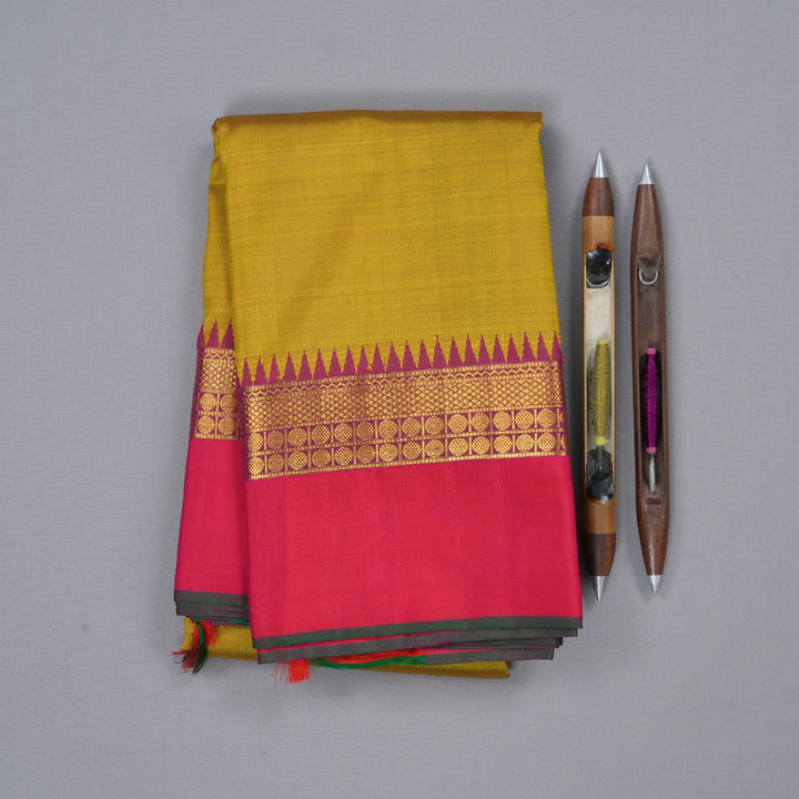 Hayagrivas Mustard Handloom Kanjivaram Silk Saree with Orangish Pink Border-KBD1562A6-1