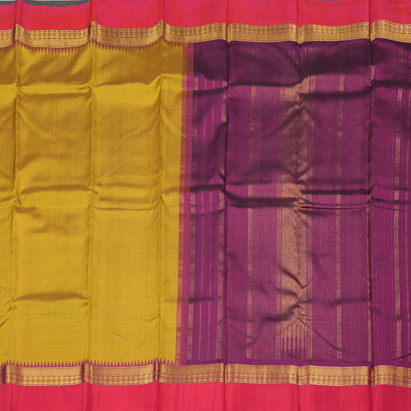 Hayagrivas Mustard Handloom Kanjivaram Silk Saree with Orangish Pink Border-KBD1562A6-1