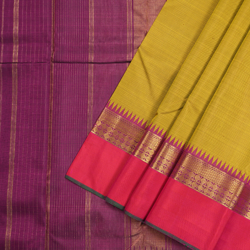 Hayagrivas Mustard Handloom Kanjivaram Silk Saree with Orangish Pink Border-KBD1562A6-1