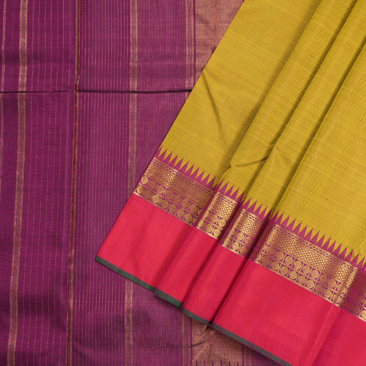 Hayagrivas Mustard Handloom Kanjivaram Silk Saree with Orangish Pink Border-KBD1562A6-1