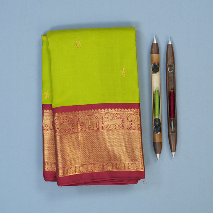 Hayagrivas Handloom Fluorescent Green Kanjivaram Silk Saree with Maroon Border KBD1565A4-1