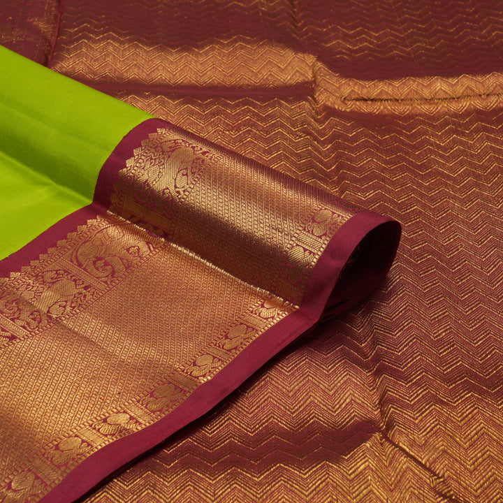 Hayagrivas Handloom Fluorescent Green Kanjivaram Silk Saree with Maroon Border KBD1565A4-1
