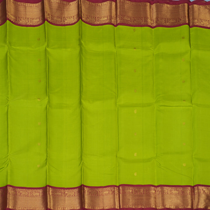 Hayagrivas Handloom Fluorescent Green Kanjivaram Silk Saree with Maroon Border KBD1565A4-1