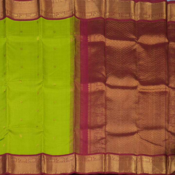 Hayagrivas Handloom Fluorescent Green Kanjivaram Silk Saree with Maroon Border KBD1565A4-1