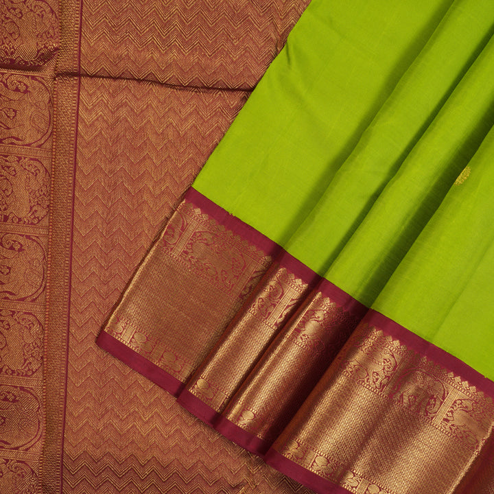 Hayagrivas Handloom Fluorescent Green Kanjivaram Silk Saree with Maroon Border KBD1565A4-1