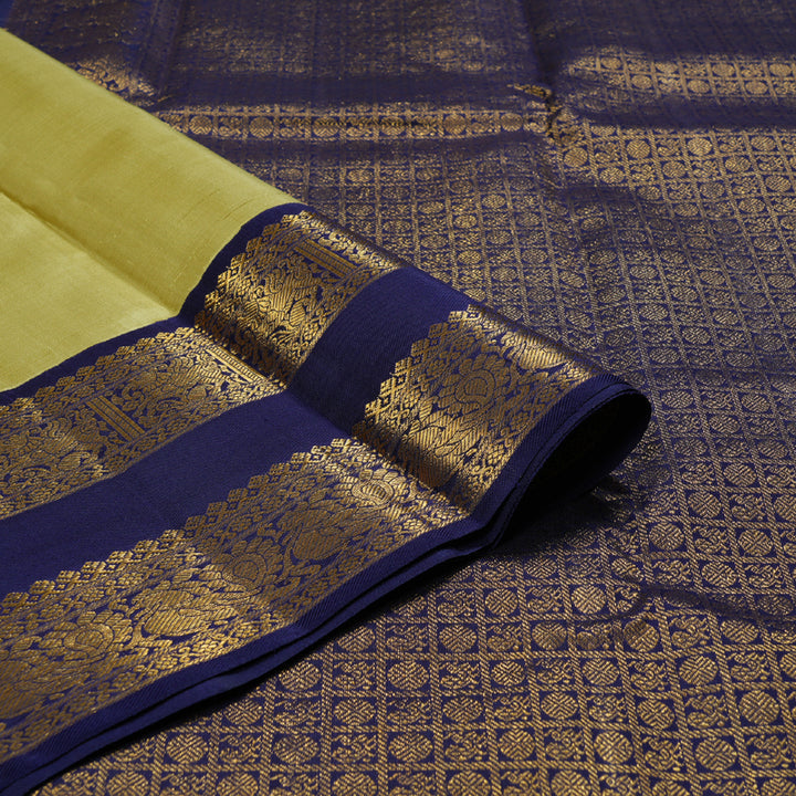 Hayagrivas Elaichi Green Handloom Kanjivaram Silk Saree with Blue Border KBD1566A1-2