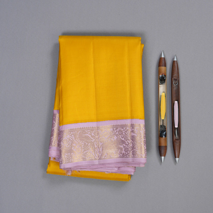Hayagrivas Lemon Yellow Handloom Kanjivaram Silk Saree with Lilac Color Border KBD1566A2-1