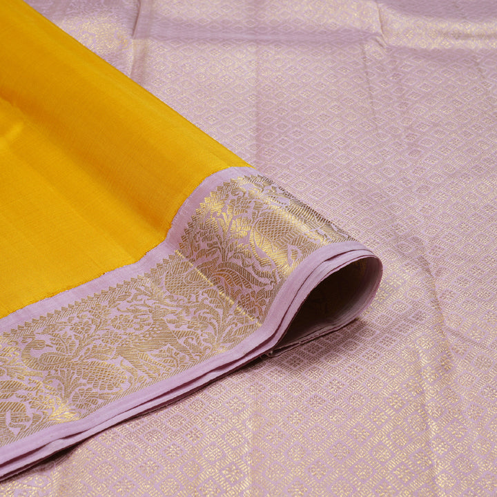 Hayagrivas Lemon Yellow Handloom Kanjivaram Silk Saree with Lilac Color Border KBD1566A2-1