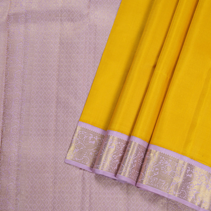 Hayagrivas Lemon Yellow Handloom Kanjivaram Silk Saree with Lilac Color Border KBD1566A2-1