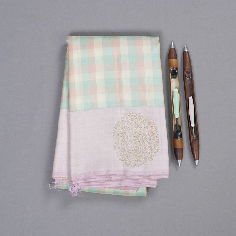 Hayagrivas Multi Color Checks Handloom Kanjivaram Silk Saree with Baby Pink Border KBD1570A2-1