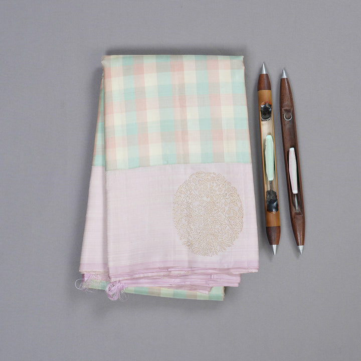 Hayagrivas Multi Color Checks Handloom Kanjivaram Silk Saree with Baby Pink Border KBD1570A2-1