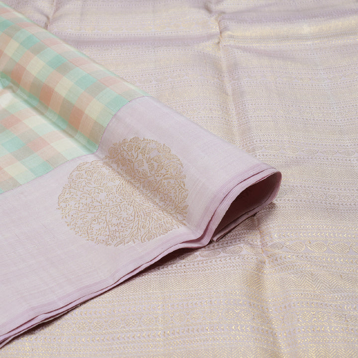 Hayagrivas Multi Color Checks Handloom Kanjivaram Silk Saree with Baby Pink Border KBD1570A2-1