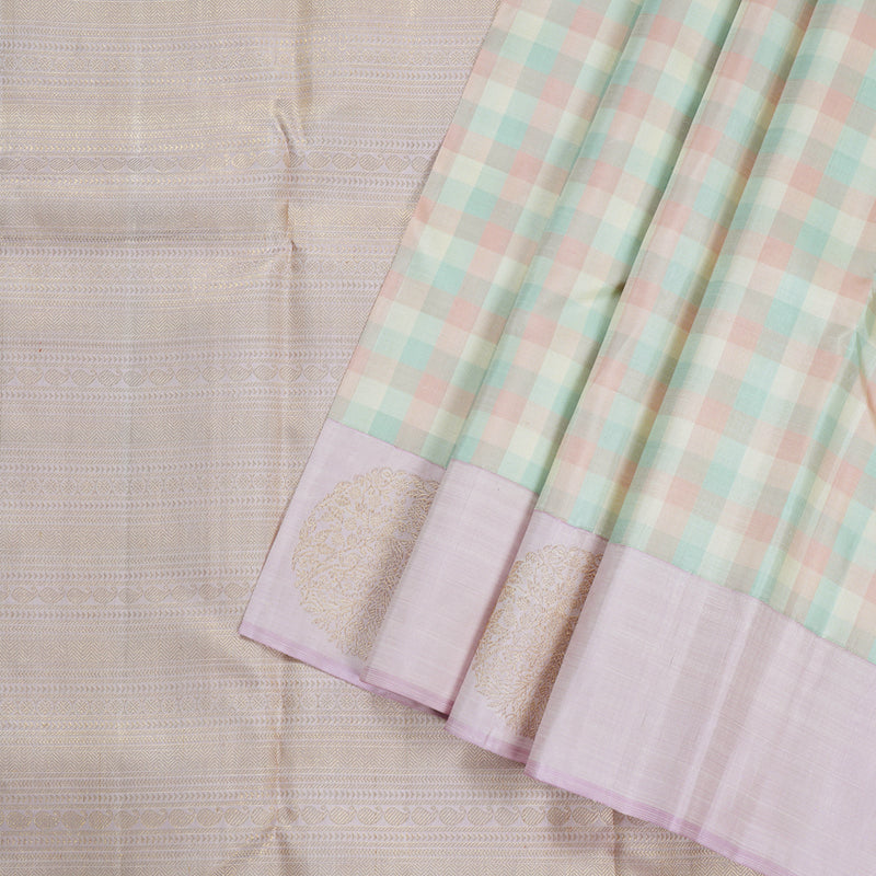 Hayagrivas Multi Color Checks Handloom Kanjivaram Silk Saree with Baby Pink Border KBD1570A2-1