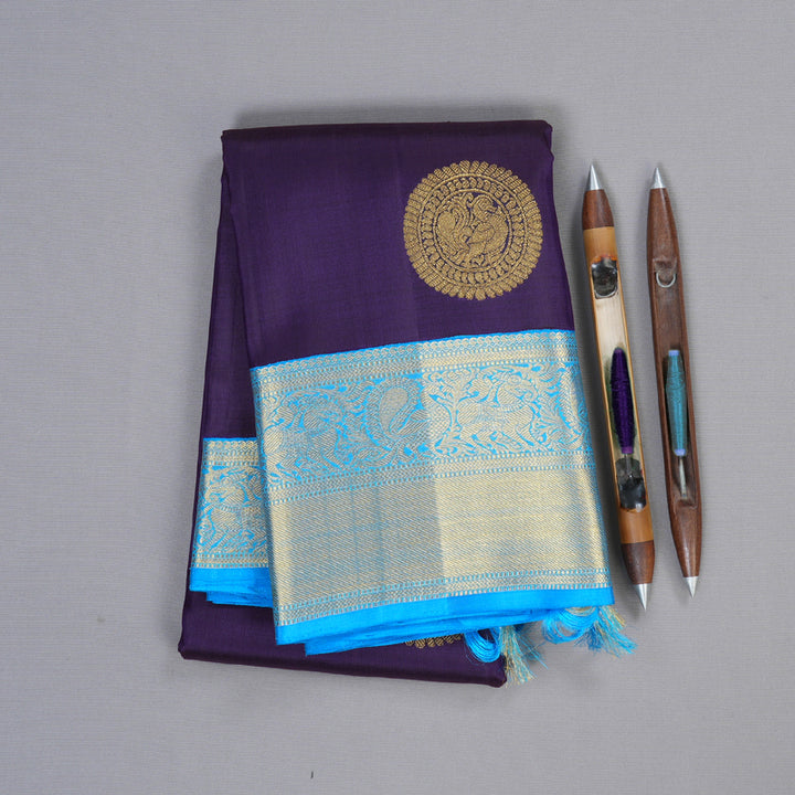 Hayagrivas Dark Blue Handloom Kanjivaram Silk Saree with Sky Blue Border KBD1576A1-1