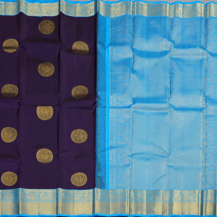 Hayagrivas Dark Blue Handloom Kanjivaram Silk Saree with Sky Blue Border KBD1576A1-1