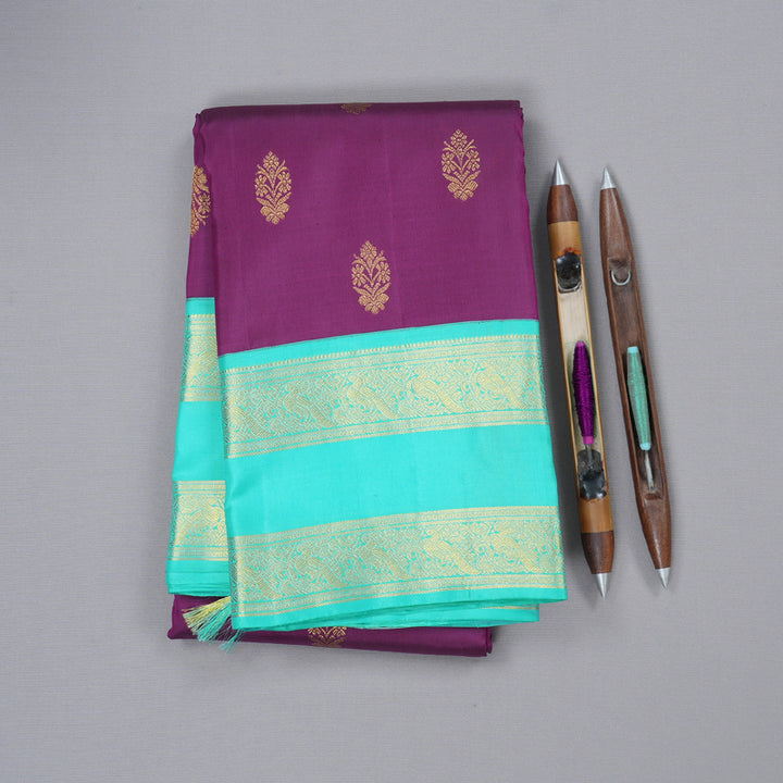 Hayagrivas Dark Purple Handloom Kanjivaram Silk Saree with Sea Green Border with KBD1576A1-3