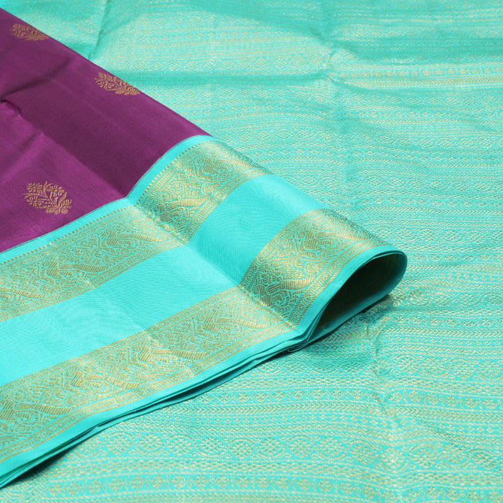 Hayagrivas Dark Purple Handloom Kanjivaram Silk Saree with Sea Green Border with KBD1576A1-3