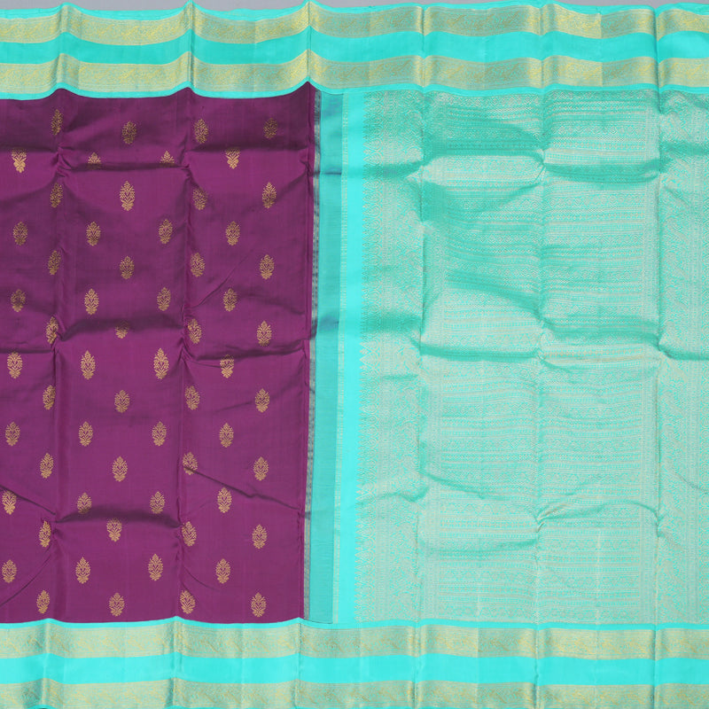 Hayagrivas Dark Purple Handloom Kanjivaram Silk Saree with Sea Green Border with KBD1576A1-3