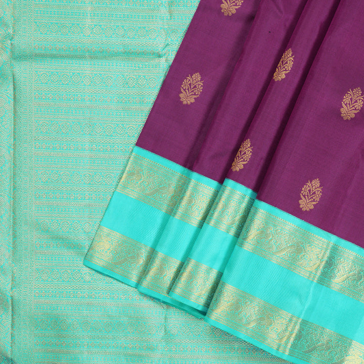 Hayagrivas Dark Purple Handloom Kanjivaram Silk Saree with Sea Green Border with KBD1576A1-3